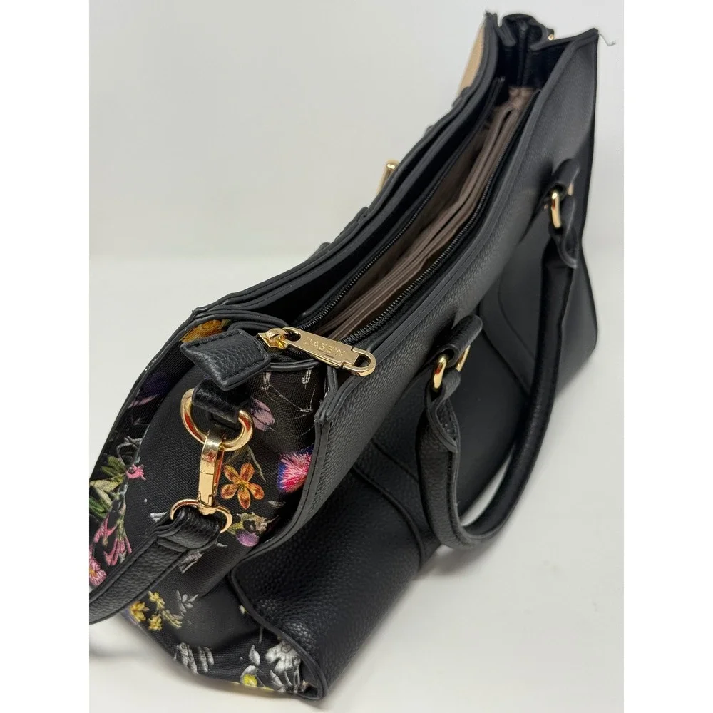 Dasein Floral Butterfly Satchel Handbag 3 Piece Set Black Gold Metallic Vegan